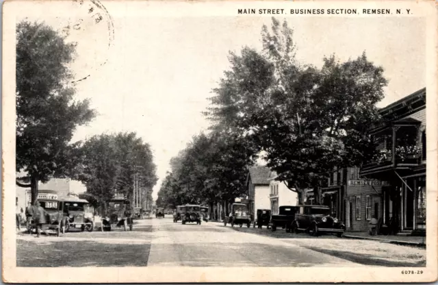 Vintage 1920's Main Street Scene People Cars Remsen New York NY Postcard
