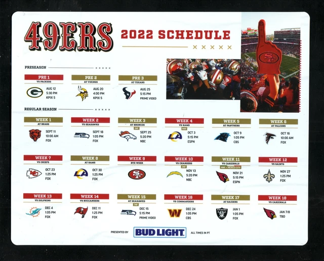 SAN FRANCISCO 49ERS2022 ScheduleBud Light 2.00 PicClick