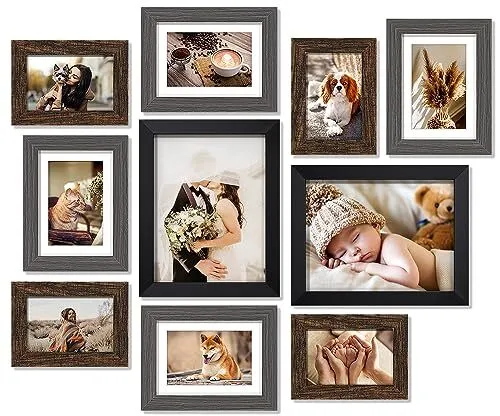 Picture Frames Set for Wall Gallery - 10 Pack Assorted Color Rustic Wooden Co...