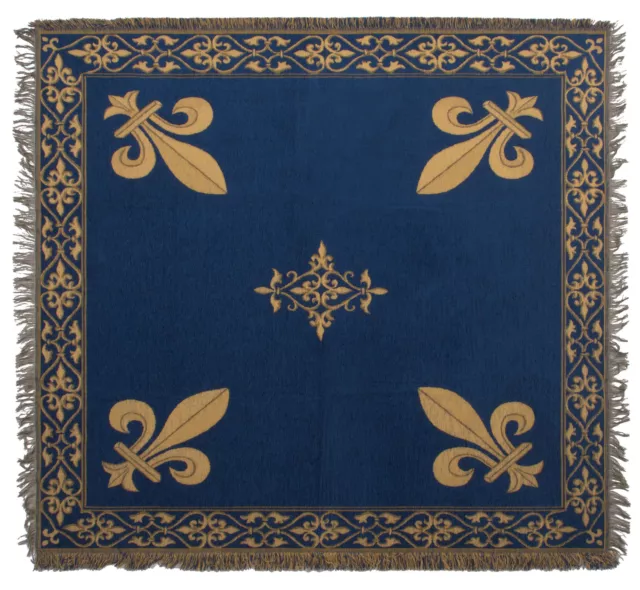 Fleur de Lys Blue Belgian Floral Medieval Decor Woven Tapestry Throw Blanket