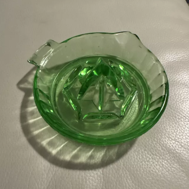 Hazel Atlas Citrus Juicer Green Uranium Depression Glass Reamer 1930s GLOWS UV