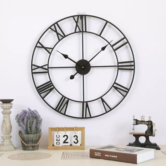 50cm Large Wall Clock Roman Numerals Giant Round Face Black Outdoor Garden