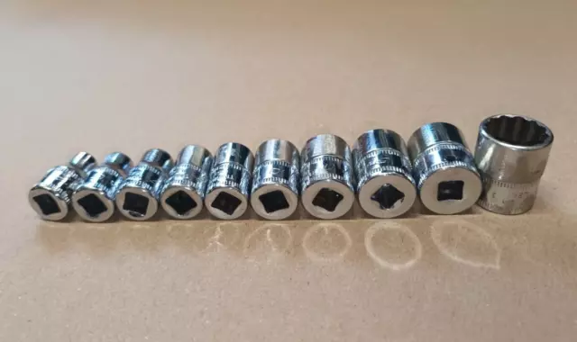 Ex MOD/|\ Set di 10 x Snap-on USA 1/4" Unità 12 Prese 5,5 mm-14 mm
