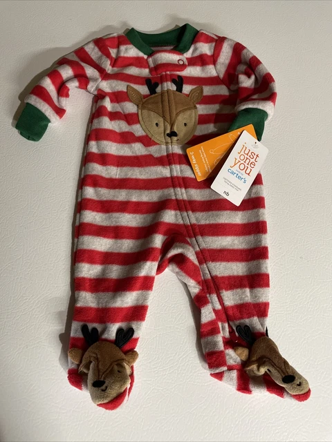 Carters Christmas Striped Rain Deer One Piece Footed Sleeper NB NWT