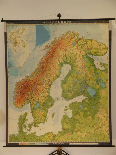 N-Europa Norwegen Schweden Finnland Dänemark Ostsee 1960 Schul-Wandkarte 191x225