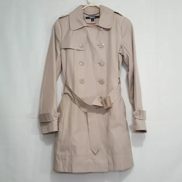 DKNY Trench Coat tan size XS waist belt double breasted long dress jacket