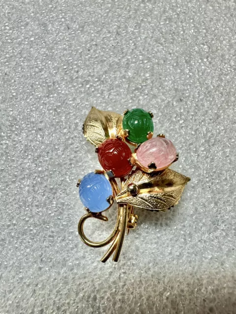 VTG Golden & Multi Color Scarab Stone Cluster Leaves Brooch 2”