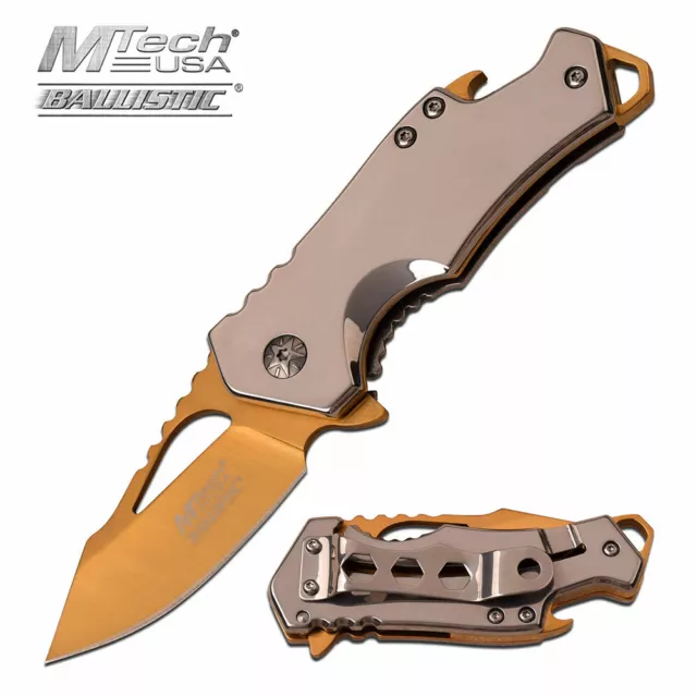 MTech Ballistic Spring Assisted GOLD Blade Small Knife w/ Bottle Opener