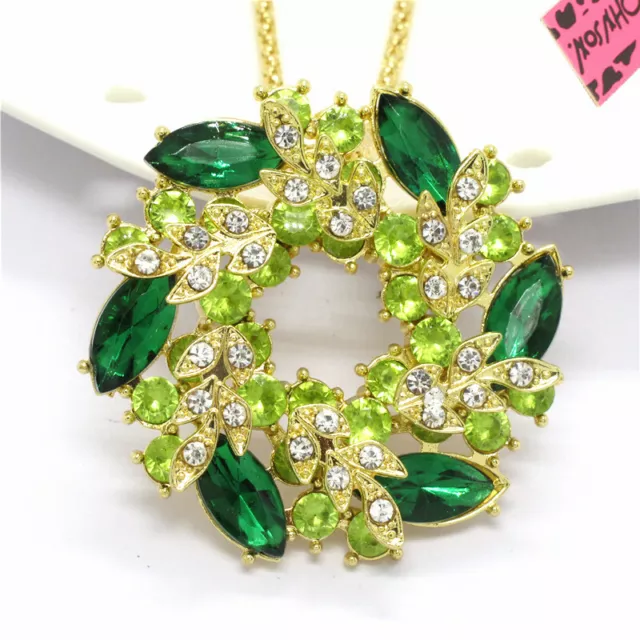 New Fashion Women Lady Green Rhinestone Wreath Flower Crystal Pendant Necklace