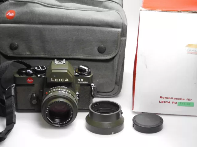 Leica R3 Electronic Safari + Summilux-R 50mm F1.4 + Lens Hood + Olive Case 14548