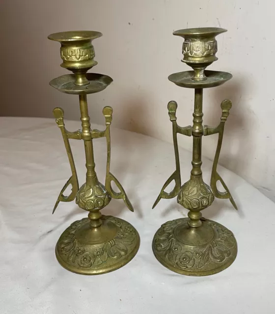 pair of 2 antique 1800's ornate gilt bronze candlesticks candle holders sticks