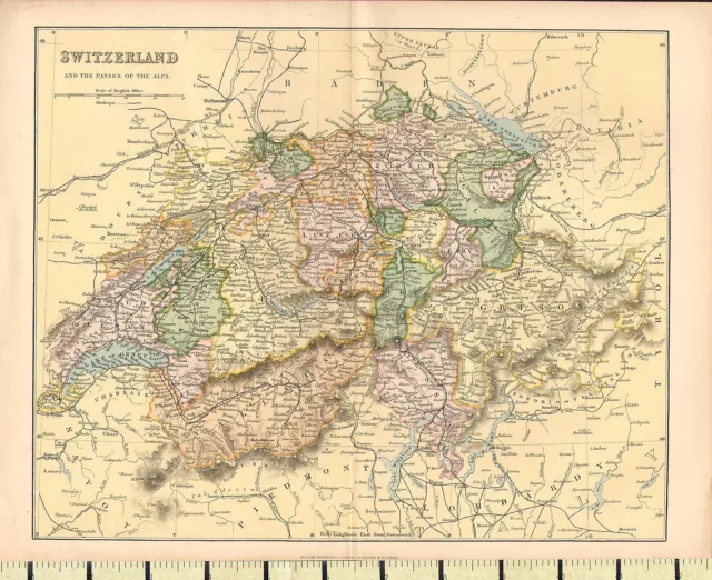 c1880 MAP ~ SWITZERLAND THE ALPS ~ GRISON ZURICH LUZERN