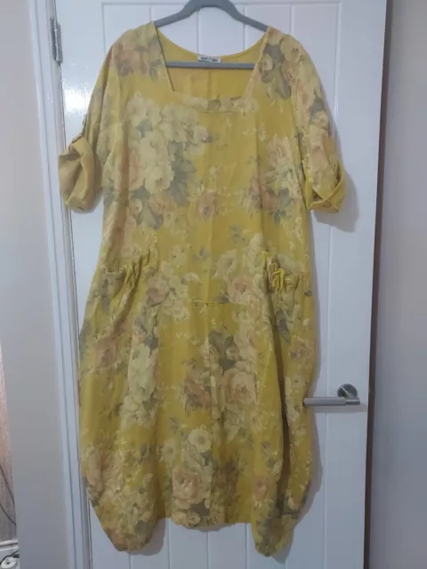 Ladies Made In Italy Yellow Floral A-Line Linen Dress Pockets Free Size (18/20)