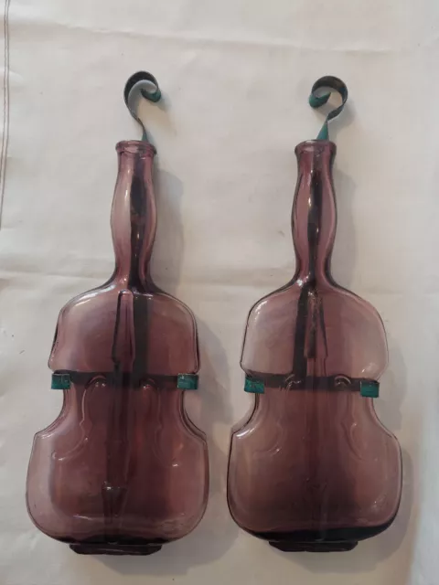 Glass Violin Bottle Wall Decor Pair Amethyst Glass