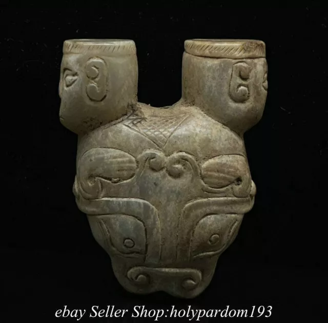 2" Antique Chinese Han Dy Hetian Jade Nephrite 2 Figure Beast Head Pendant