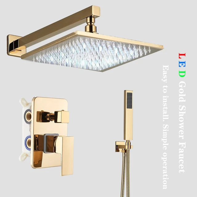 LED GOLD 12'' Shower Faucet Set Combo Rainfall Shower Head Mixer Kit