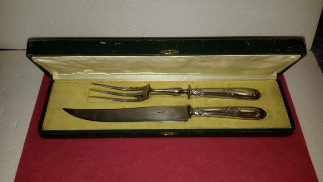 Antique Baguette Manche a Gigot en métal argenté Support pour jarret d'agneau / rôti - En vente sur France