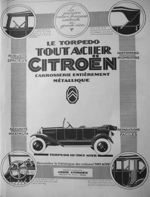 Publicité De Presse 1925 Le Torpedo André Citroen Entiérement Métallique