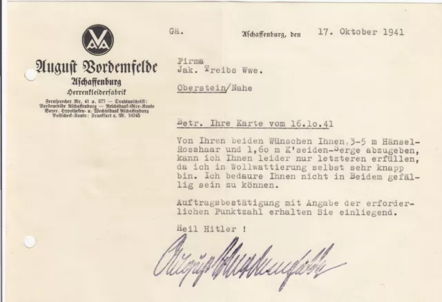 ASCHAFFENBURG, Brief 1941, August Vordemfelde Herren-Kleider-Fabrik