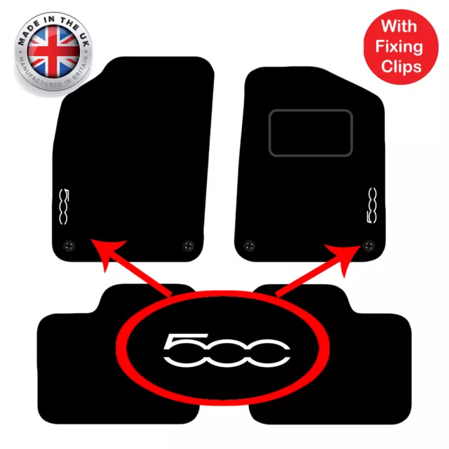 Fiat 500 2012+ Onwards Tailored Carpet Car Floor Mats with Unique logos 4 Clips