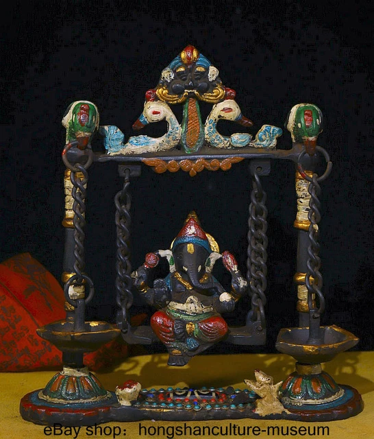 8.8 " Old Tibet Bronze Painting Ganesh Lord Ganesha Elephant God Buddha Statue