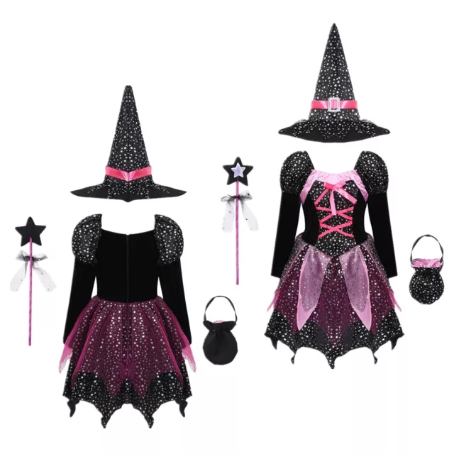 Abito costume strega di Halloween bambine abito elegante abito a punta cappello a bacchetta set borsa