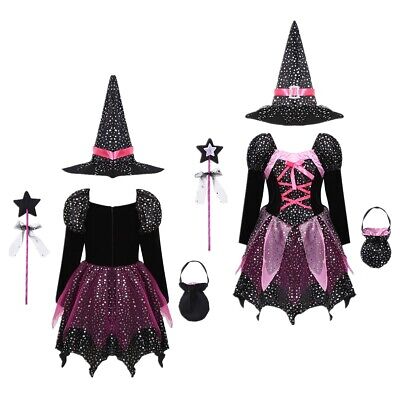 Kids Girls Halloween Witch Costume Outfit Fancy Dress Pointed Hat Wand Bag Set