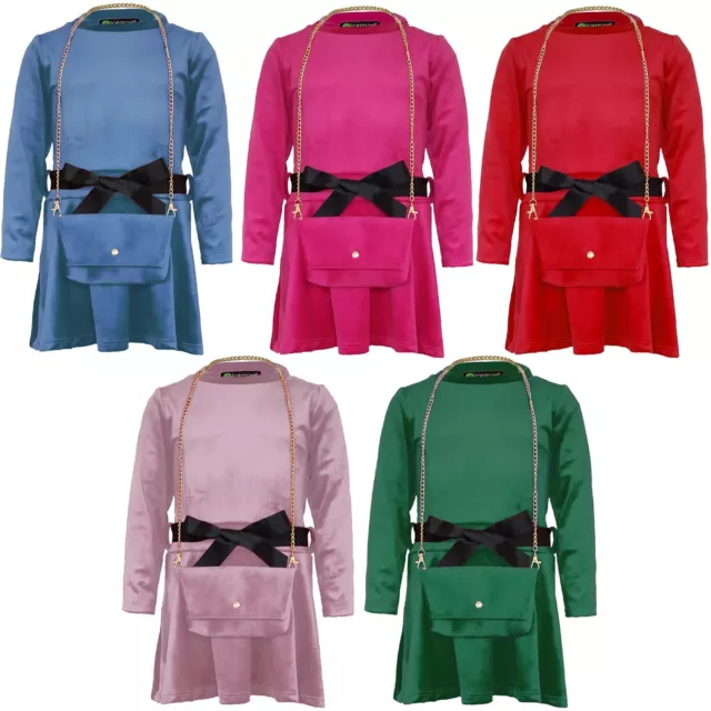 Girls Skater Velour Dress Ribbon Belt Skirt Long Sleeve Party Top and Bag 3-12Y