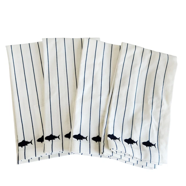 S/4 Pottery Barn Critter Icon Print Fish Stripe Napkins Cotton Blue Nautical New S/4 Pottery Barn Critter Icon Print Fish Stripe Napkins Cotton Blue Nautical New