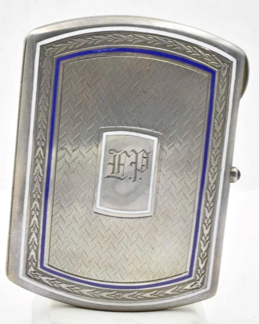 Art Deco Sterling Silver Enamel Sapphire Pusher Gold Washed Cigarette Vesta Box