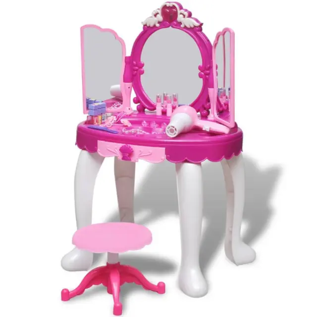 Pink & White 3-Mirror Kids' Playroom Standing Toy Vanity Table w/ Lights & Sound