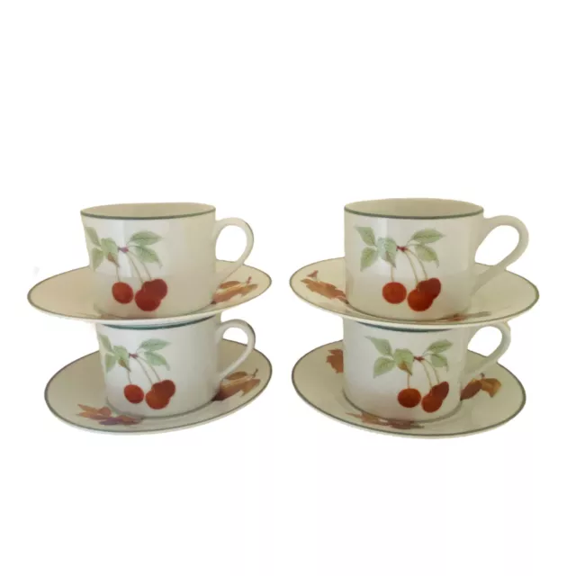 Evesham Tea Cups & Saucers x4 Royal Worcester Straight Sided Green Rim Porcelain