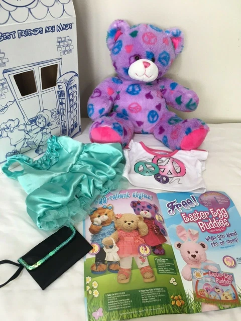 BUILD A BEAR Workshop Purple Peace & Hearts 15" Bear W/ Box Outfits ...