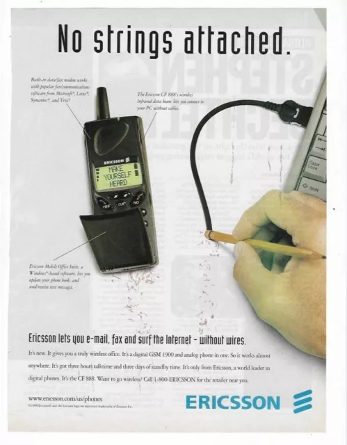 Ericsson Wireless "No Strings Attached" Mobile Phone 1998 Print Advertisement