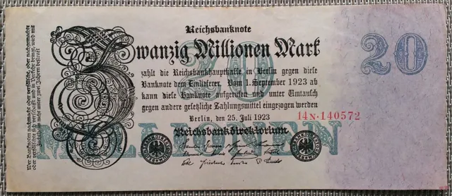 20 Millionen Mark Reichsbanknote 1923 Geldschein Deutschland, F- VF °