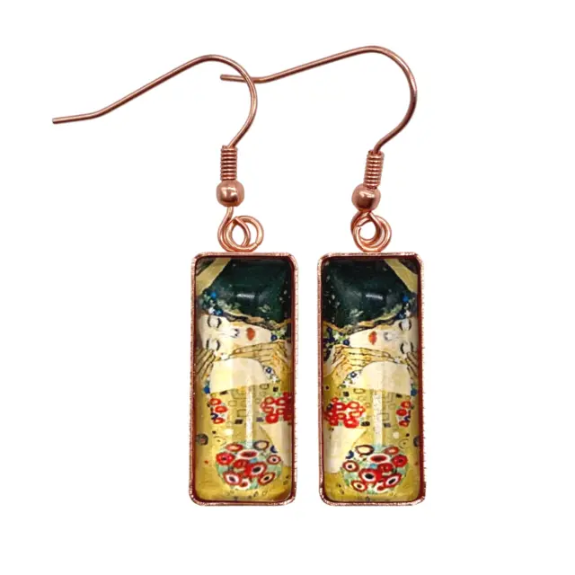 Gustav Klimt The Kiss Earrings Rectangle Glass Rose Gold Plated Drops  New