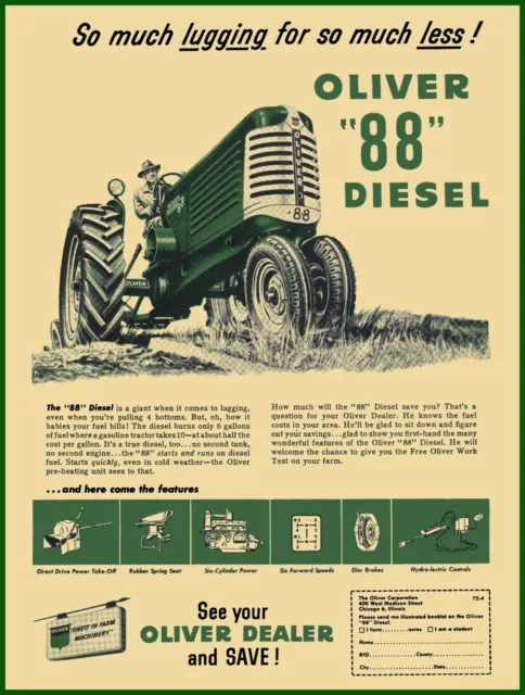 1960 Oliver Tractors NEW Metal Sign: Model 88 Diesel w/ Features Listed