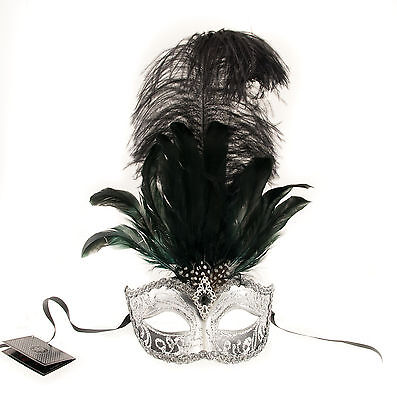 Mask from Venice Colombine IN Feathers Ostrich Black Silver Mask Venetian- 494