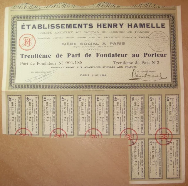 Titre Etablissements HENRY HAMELLE - Trentième de Part de Fondateur au Porteur