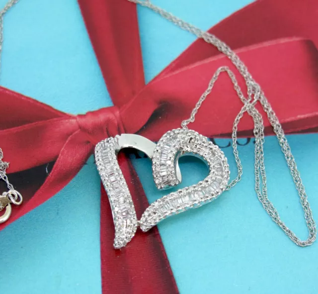 1.28 ct Diamonds Baguette & Round Cut 10k White Gold Heart Pendant Necklace 18''