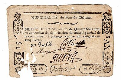 FRANCE BILLET DE CONFIANCE 3  SOUS 1792 III LYS Municipalité PONT DU CHATEAU 