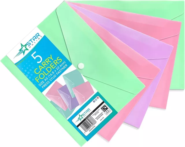 Assorted Pastel A5 Document Wallets Plastic Carry Folder Office - Pack of 5