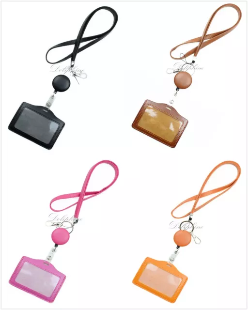 3 in 1 Necklace PU Leather Lanyard with Retractable Reel and Horizontal ID Badge