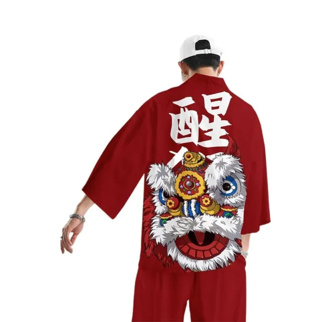Uomo Kimono Cappotto Giacca Top Giapponese Yukata Sciolto Casual Leone Stampa