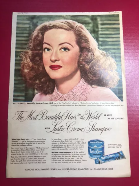 1951 Bette Davis Lustre Creme Shampoo Print Ad 14.5x10”