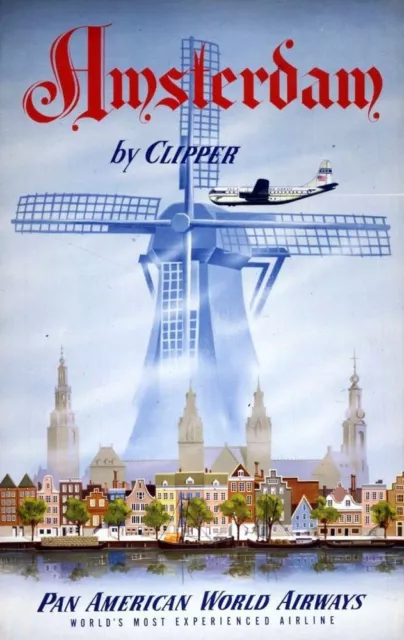 Vintage Illustrated Travel Poster CANVAS PRINT Amsterdam by Clipper 16"X12"