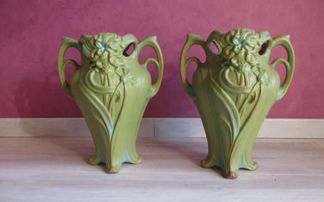 Rare paire de vases art deco lyonnais barbotine onnaing n° 729