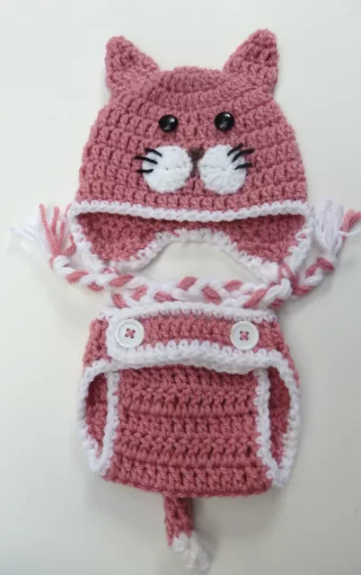 BABY HAT CAT DIAPER COVER SET CROCHET knit infant toddler beanie photo prop