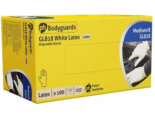 Bodyguards Latex Powdered Disposable Gloves White Box of 100 - Easy Donning