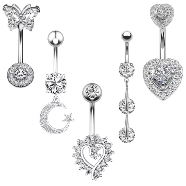 5pcs 14G Surgical Steel Dangle Belly Button Rings CZ Navel Body Piercing Jewelry